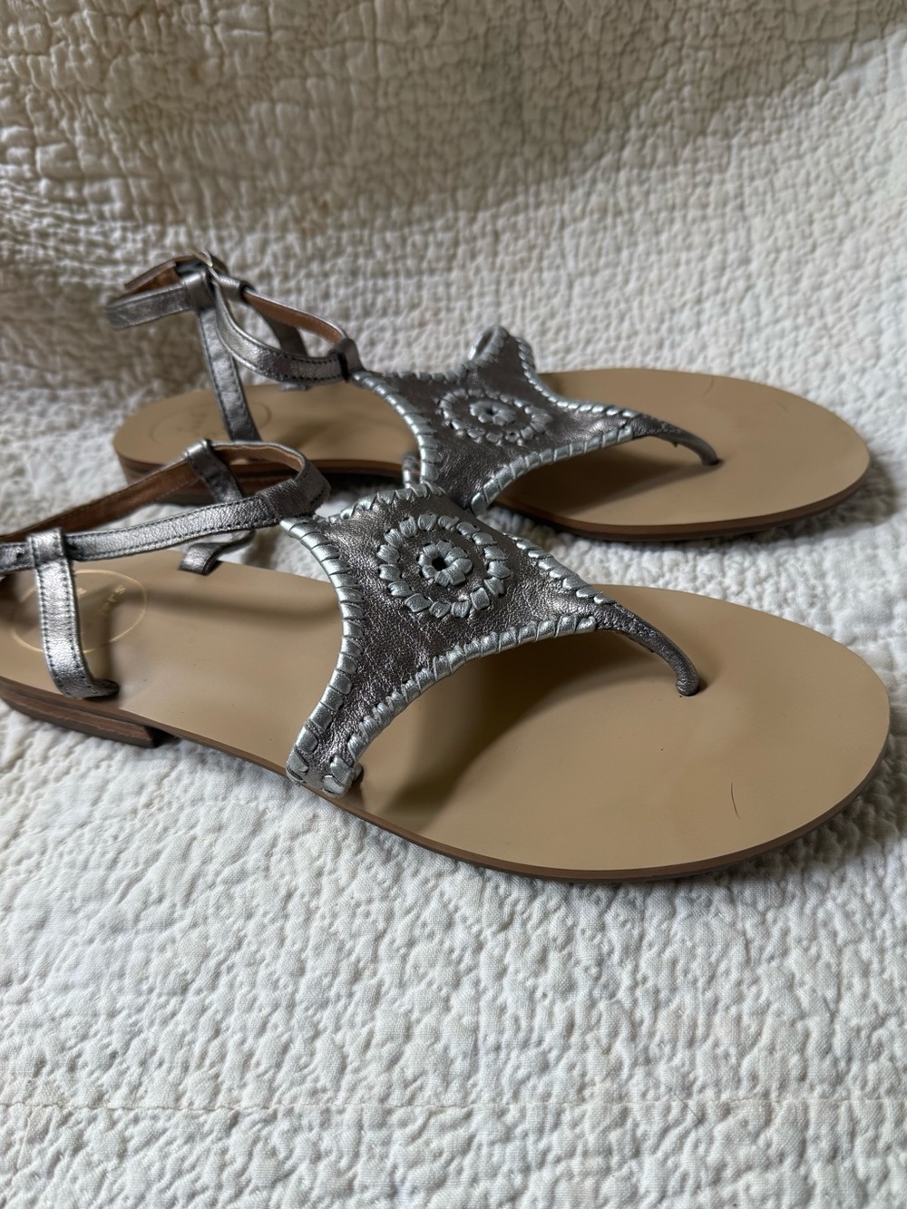 Jack Rogers Metallic Silver Leather Whipstitch Ankle Strap Sandals Size 10